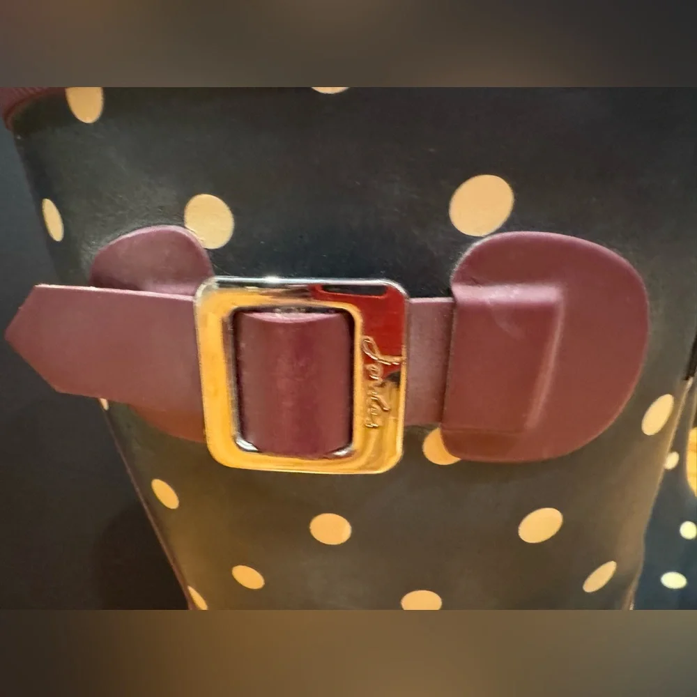 Joules Molly Welly Mid Calf Navy Rain Boots White Polka Dot Burgundy Trim Size 8 - Picture 5 of 16